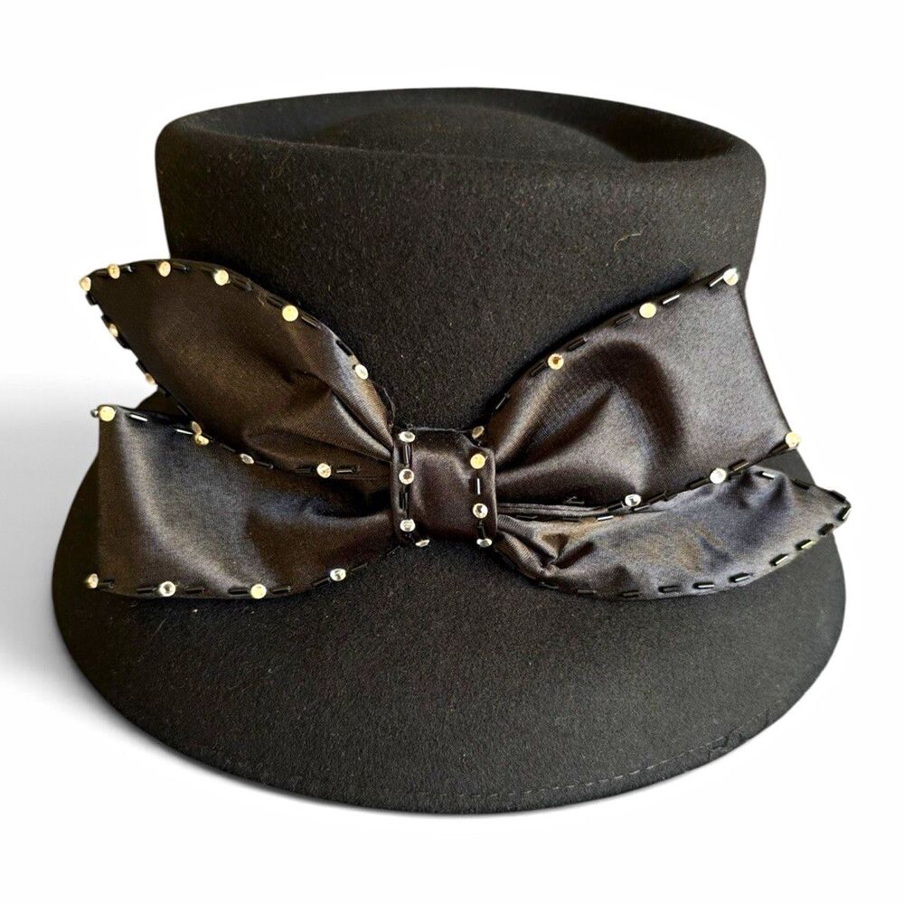 Mr. Song Millinery Black Wool Rhinestone Bow Church Hat Wedding Derby Formal